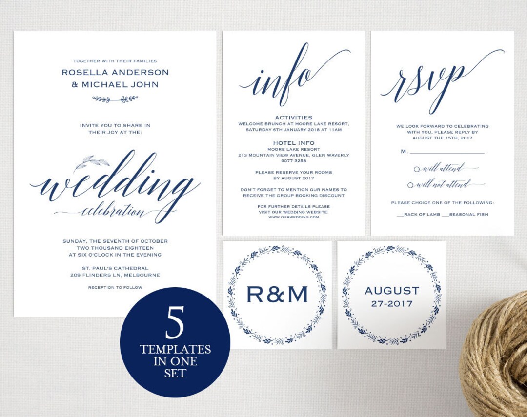 Navy Blue Wedding Invitation Template Wedding Invitation - Etsy