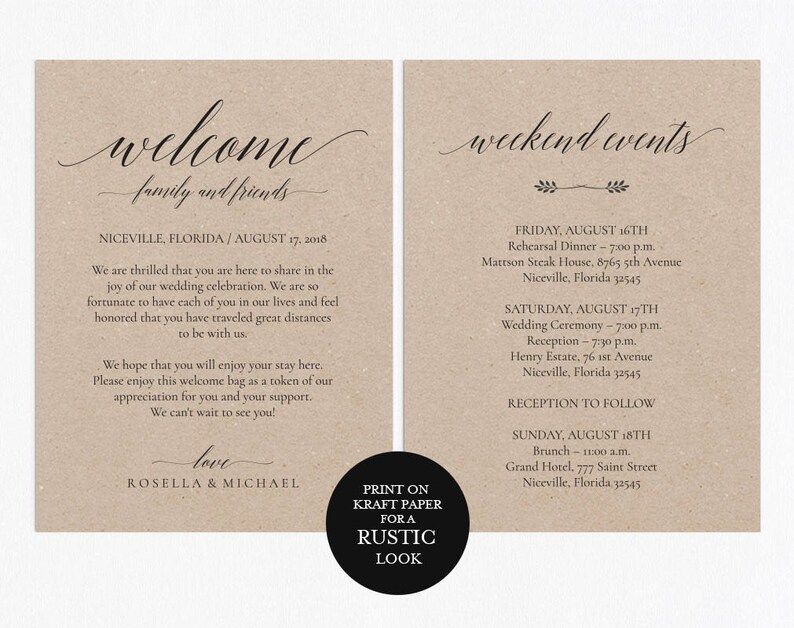 Printable Wedding itinerary template, Wedding Itinerary, Wedding Welcome Letter, Wedding Itinerary, Print 2 sides, MSW109 image 2