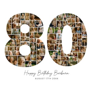 Personalized 80th Birthday Photo Collage Template, Custom Number 80 Collage Gift for Grandma or Grandpa, Dad Birthday Canva Printable