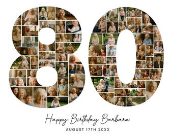 Mall för fotokollage till 80-årsdag, sifferkollage, pappapresent, födelsedagspresent, personlig 80-årspresent till morfar eller farmor