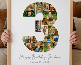 Mall för fotokollage för 3-årsdag, redigerbar milstolpeskylt (Canva)