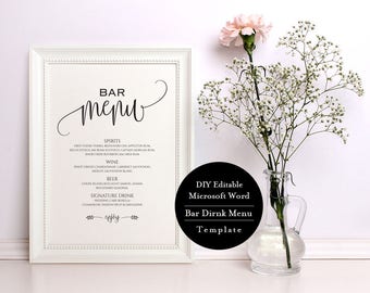 Wedding Drinks Sign, Wedding Bar Menu Sign, Wedding Bar Menu Template, 8x10, Signature Drinks, Instant Download, Calligraphy, MSW74