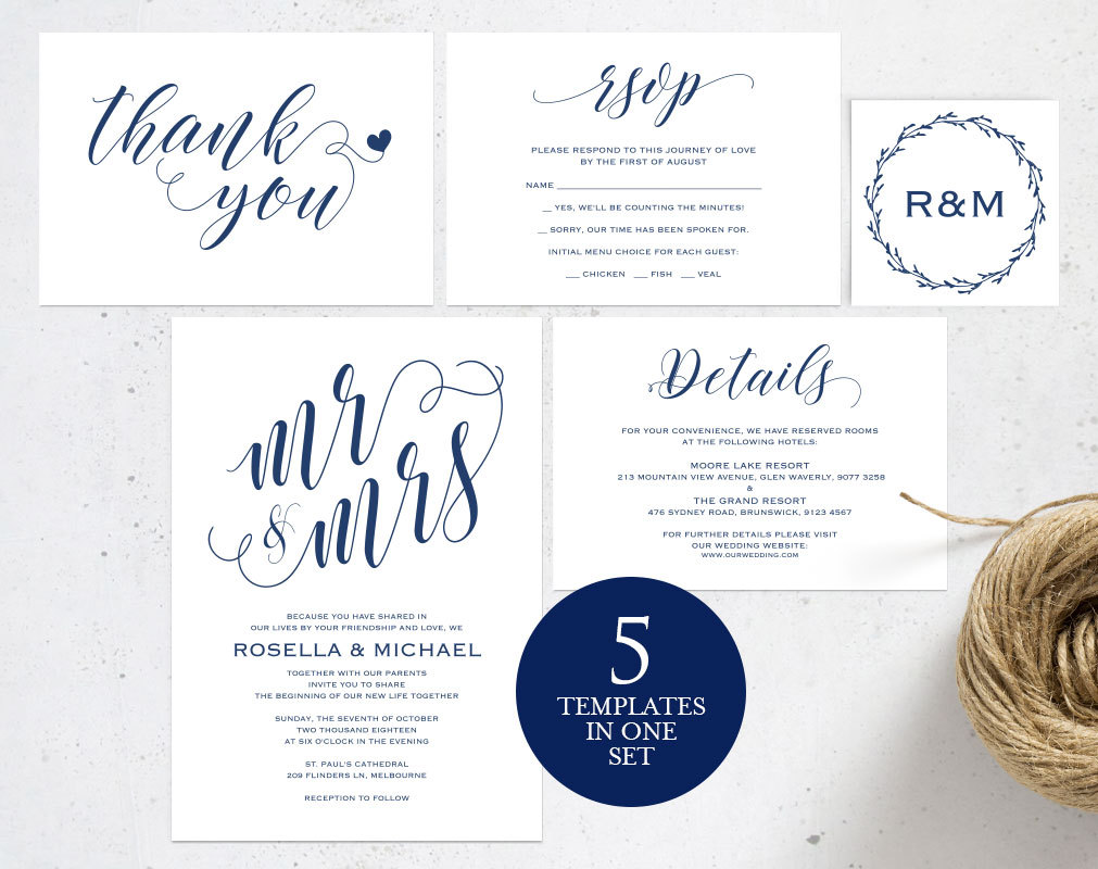 Navy Blue Wedding Invitation Template Wedding invitation | Etsy