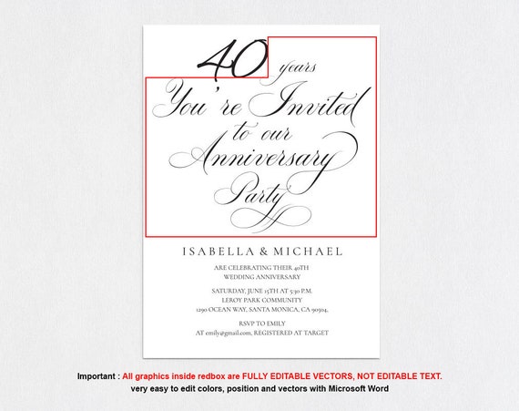 Wedding Anniversary Invitation Msw414 Calligraphy Invitation Anniversary Template 40th Anniversary 40th Anniversary Invitation Paper Party Supplies Invitations Announcements