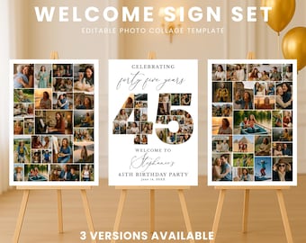 45th Birthday Welcome Sign Template, Photo Collage Poster, Editable Canva Memory Board, 74, 138 & 207 Photo Slots