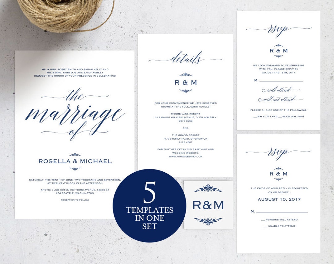 Navy Blue Wedding Invitation Template, Wedding Invitation Template ...