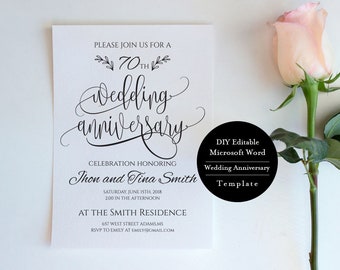 70th Anniversary invitation, Anniversary Party Invitation, Word, DIY, Editable Anniversary Invitation, Instant Download, MSW412