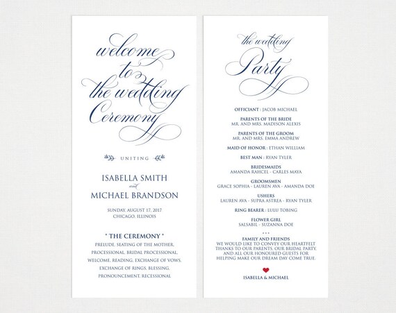 Navy Blue Wedding Program Template Wedding Ceremony Program Etsy
