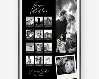 Puede incluir: Un collage de fotos enmarcado en negro con fondo negro. El collage presenta un año de fotos, con una foto grande a la derecha. El texto dice "A year full of love" y los nombres "Olivia & Jordan" con una fecha.