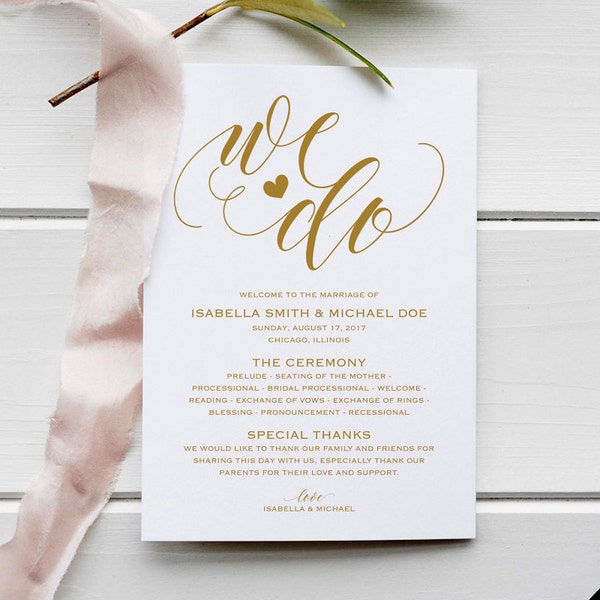 Gold Wedding Program Template, Gold Programs, Gold Template, Wedding Ceremony Program Printable, Kraft Wedding Program, Wedding Template