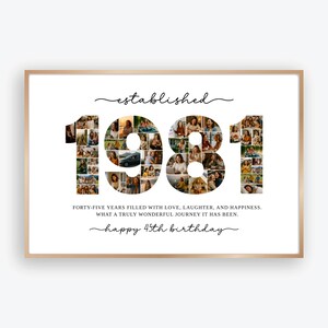 May include: A framed print with the word "established" above the year "1981" filled with photos. The text below reads "Forty-five years filled with love, laughter, and happiness. What a truly wonderful journey it has been. Happy 45th birthday."