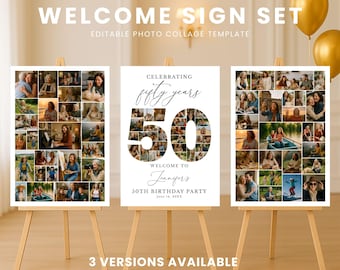 50th Birthday Photo Collage Welcome Sign, Editable Canva Template (Digital Download)