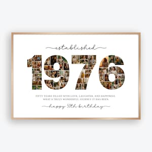 May include: A wooden framed print featuring the year "1976" made up of numerous photos. The words "established" and "happy 50th birthday" are written in cursive. The text reads "FIFTY YEARS FILLED WITH LOVE, LAUGHTER, AND HAPPINESS. WHAT A TRULY WONDERFUL JOURNEY IT HAS BEEN."
