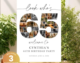 65th Birthday Photo Collage Template, 65th Birthday Welcome Sign, Number Photo Collage Poster, 24 39 75 Photo Slots, Editable Canva Template