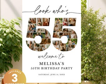 55th Birthday Photo Collage Template, 55th Birthday Welcome Sign, Number Photo Collage Poster, 3 Photo Count Options, Canva Template