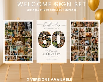 Conjunto de plantillas de lienzo para carteles de bienvenida con collage de fotos de 60 cumpleaños, para celebrar 60 años, carteles de bienvenida para fiestas, pósteres de exhibición con fotomontaje.