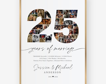 25th Anniversary Photo Collage Template, Portrait, Editable Years Photo Gift, Personalized Anniversary Poster, Custom Canva Layout