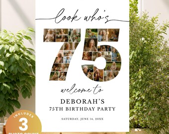 75th Birthday Photo Collage Template, Editable 75th Birthday Welcome Sign, Custom Photo Montage Board, Seventy Fifth Birthday Poster