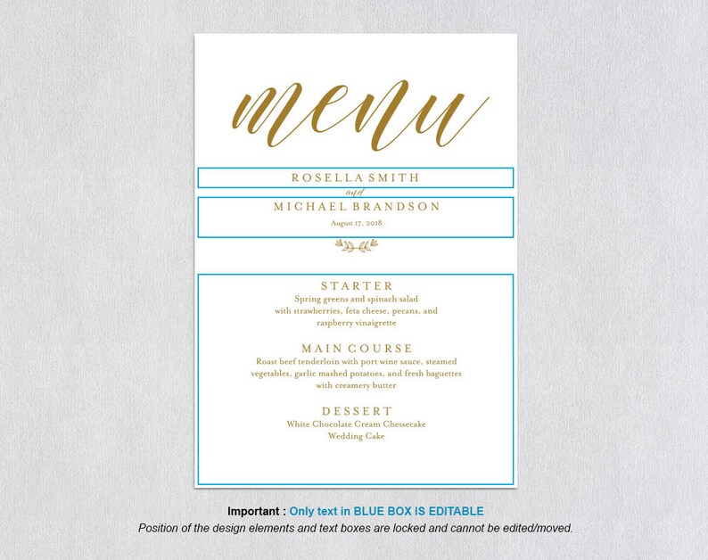 Gold Wedding Menu Template, Wedding Dinner Menu, Wedding Menu, Menu Cards, Menu Printable, Wedding, PDF Instant Download, WPC_370 image 4