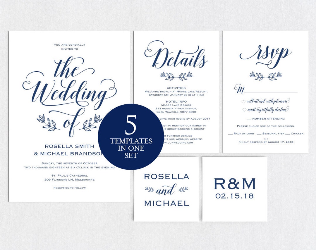 Navy Blue Wedding Invitation Template Wedding Invitation - Etsy