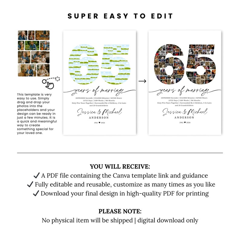 65th Anniversary Photo Collage Template, Portrait, Editable 65 Years ...