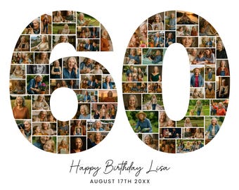 Plantilla de collage de fotos para 60 cumpleaños, regalo personalizado para ella, mujer, mamá, regalo familiar, Canva, regalo de cumpleaños para abuela y abuelo.