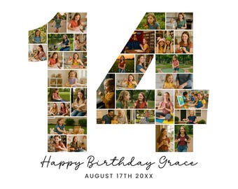 14歳の誕生日 数字14 写真コラージュ 印刷可能 Canva フレーム