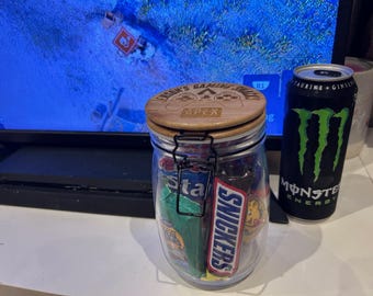 Personalised glass gaming snack treat sweet jar gaming or streaming treat jar. Engraved lid Custom designs