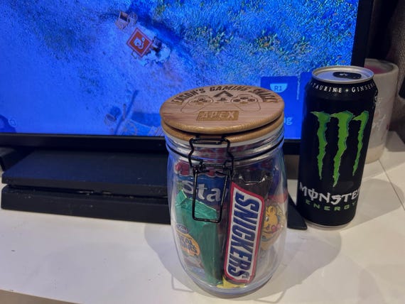 Personalised glass gaming snack treat sweet jar gaming or streaming treat jar. Engraved lid Custom designs