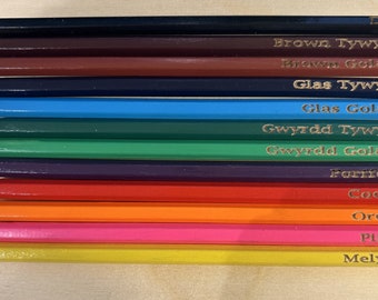 Welsh language Colour blind. 12 Wooden Colouring Pencils engraved for colour blind people
