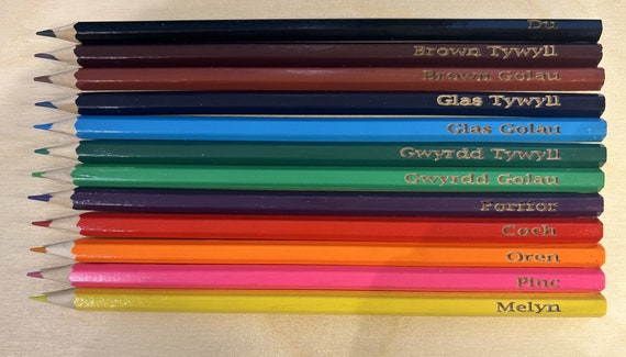 Welsh language Colour blind. 12 Wooden Colouring Pencils engraved for colour blind people