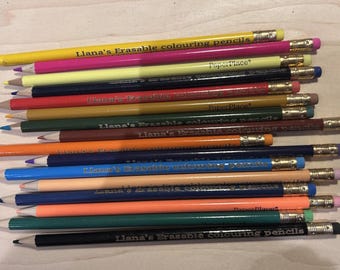 Personalised 16 erasable wooden Colouring Pencils with rubbers personalised with name, birthday, back to school