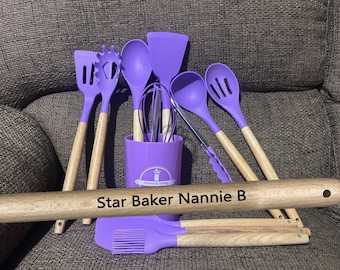 Personalised Silicone & Wood kitchen utensils 10 piece sets great gift for all two free gifts