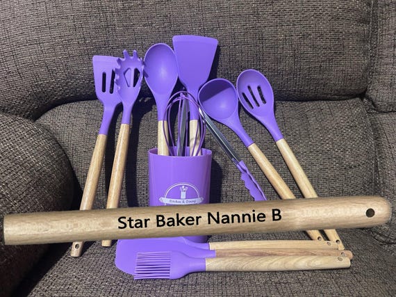 Personalised Silicone & Wood kitchen utensils 10 piece sets great gift for all two free gifts