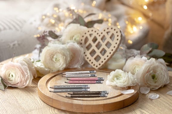 Personalised wedding favour pencils half sized  Maybe save the date
