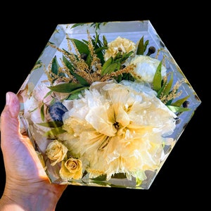 Wedding Bridal Bouquet Preservation, wedding anniversary , memorial funeral arrangement floral. Resin Block Hexagon.