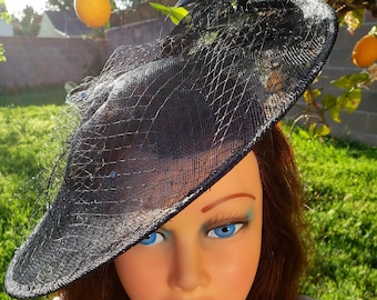 Black Sinamay Fascinator: Feather Hairband, Derby Church Hat
