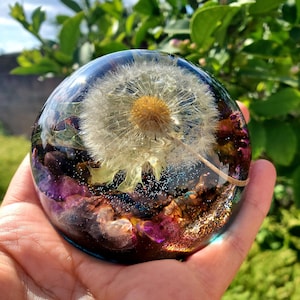 Custom Dandelion Resin Paperweight! A thoughtful gift for a loved one! A half of large sphere, orb, globe, keepsake. Make a wish!Home decor.