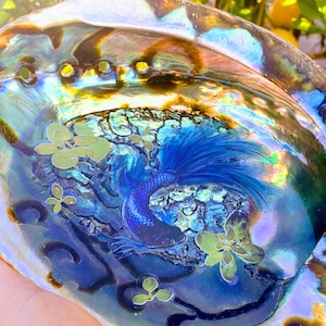 May include: A blue and green fish with iridescent scales is embedded in a large abalone shell. The shell has a natural iridescent sheen with shades of blue, green, and gold.