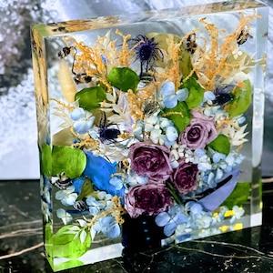 Wedding Bridal Flowers preservation. Funeral Memorial Service Flowers Resin block.