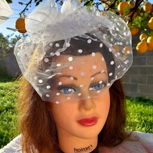 White Feather Fascinator: Bridal Derby Hat, Birdcage Veil Hair Clip