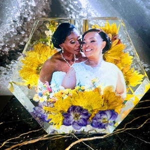 Wedding Bridal Bouquet Preservation, wedding anniversary , memorial funeral arrangement floral. Resin Block Hexagon.