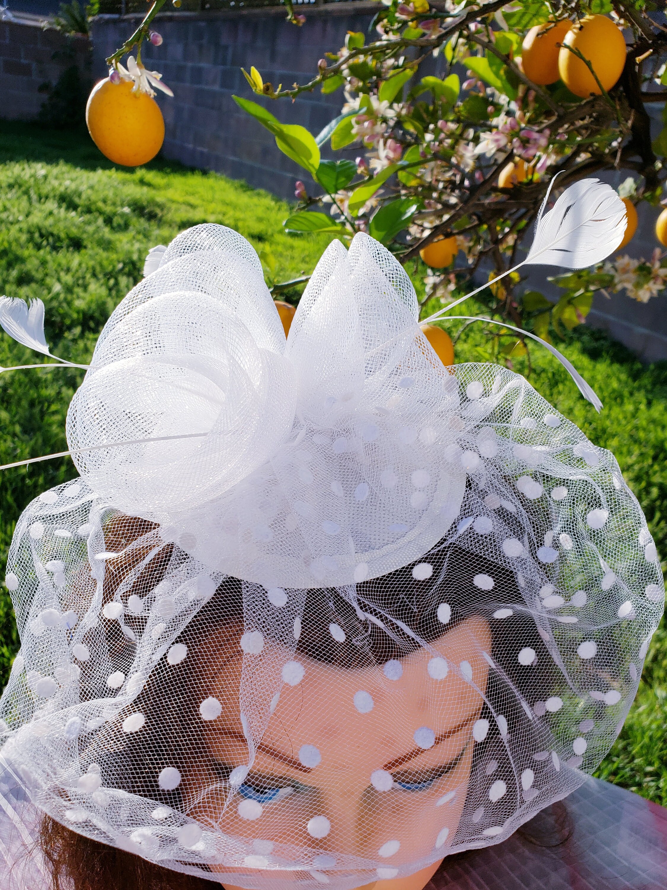 White Feather Fascinator: Bridal Derby Hat, Birdcage Veil 