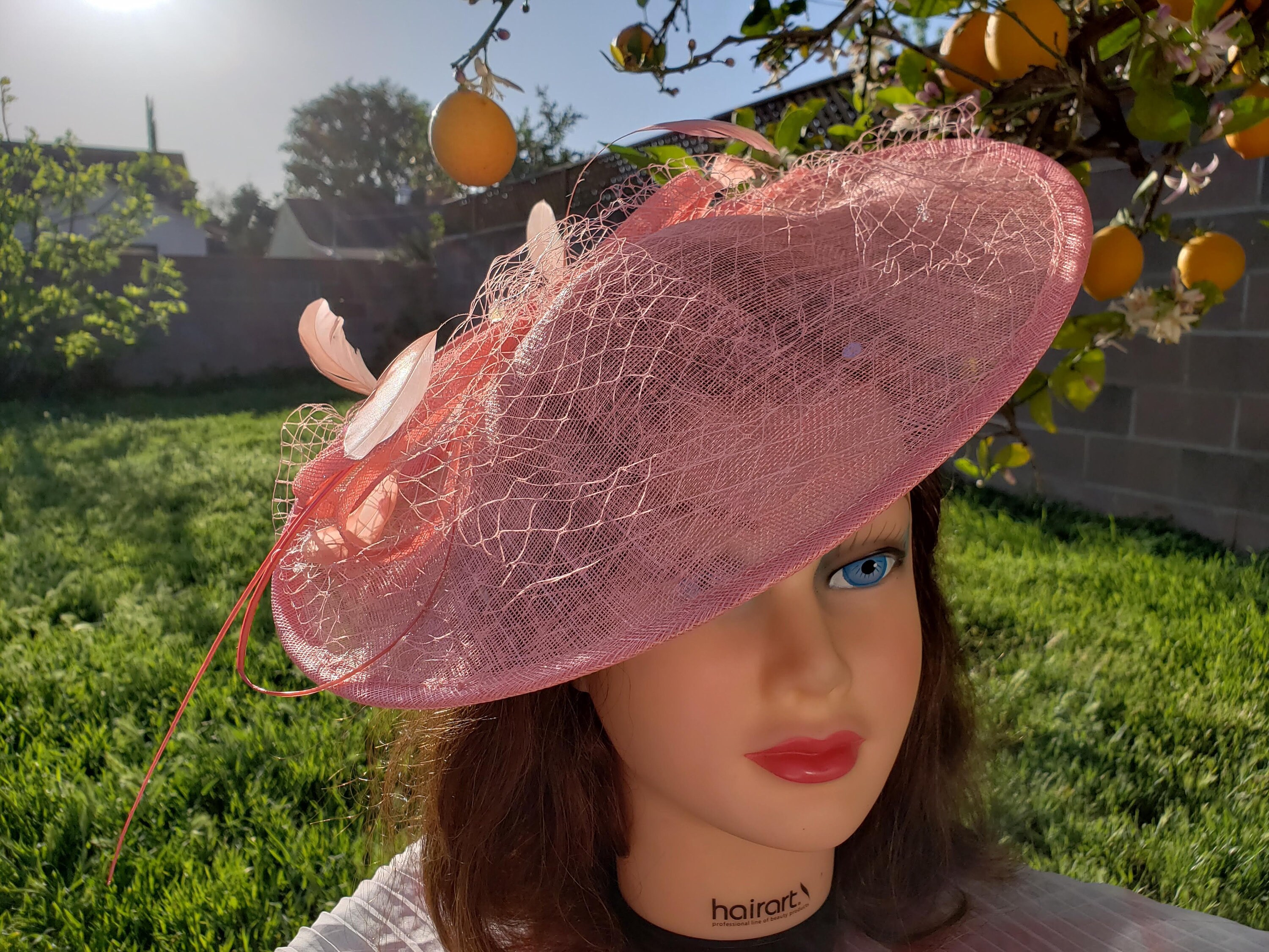 Coral Pink Sinamay Fascinator: Feather Derby Hat Headband - Etsy