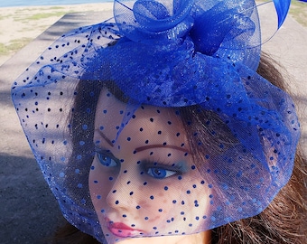 Royal Blue Fascinator Derby Race Bridal Church Hat. Wedding Tea Party Mini Hat.Costume Feather Bird Cage Veil Hair Clip Head Accessory.