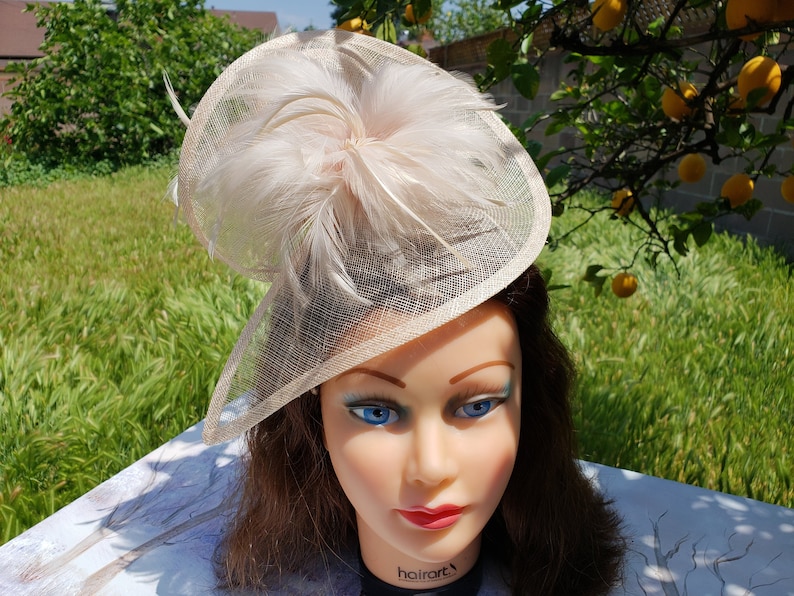 Nude Sinamay Fascinator Black Funeral Mini Hat Costume Feather Hairband Head Accessory.Headpiece Derby Race Bridal Church Hat