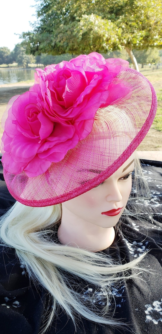 Fuchsia Pink Sinamay Fascinator: Feather Hair Clip, Derby 