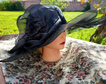 Black Tulle Breathable Women Summer Sun Hat Kentucky Derby polyester feather wide brim floral women hats Wedding Fascinators