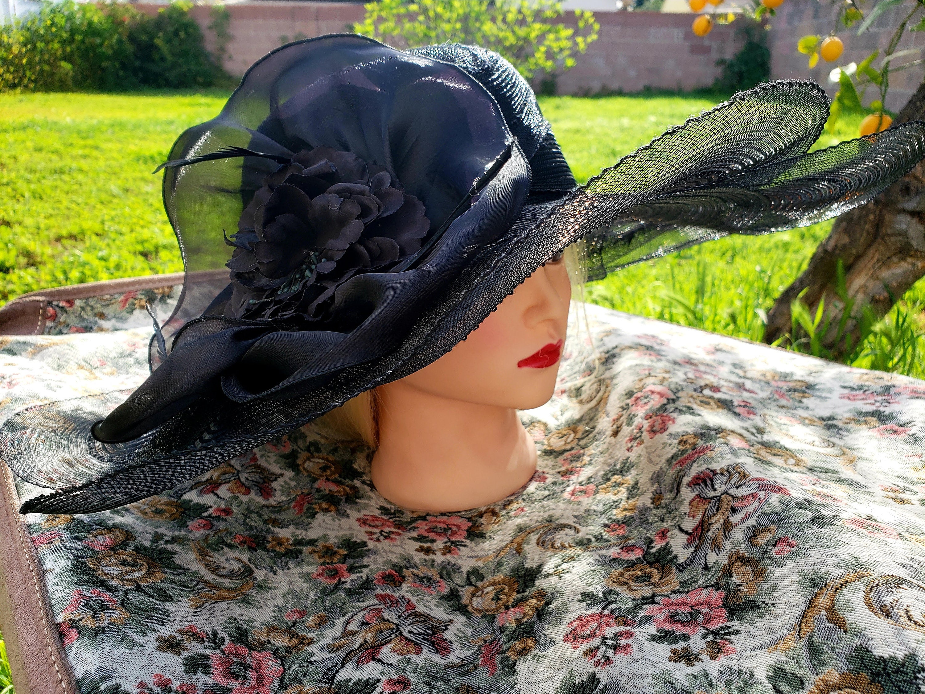 Beloved Millinery Fabulous Black Jeweled Feathered Fascinator Hat Kentucky Derby Beloved Millinery Beautiful Yellow Black Kentucky Derby  main image 3