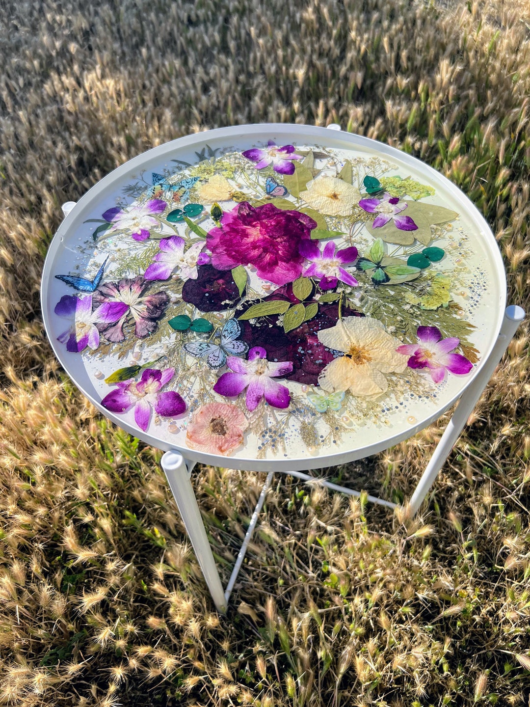 Custom Pressed Wedding Flowers Bridal Bouquet. Pressed Flowers Art Serving Tray/ Side Table Etsy